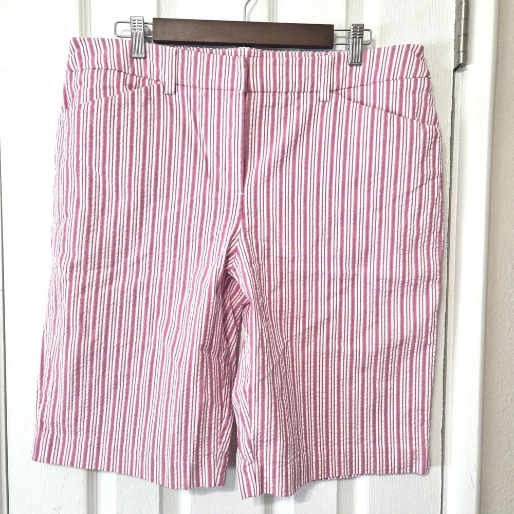 Jones New York Seersucker Crop Pants Pink Stripe Stretch Size 14